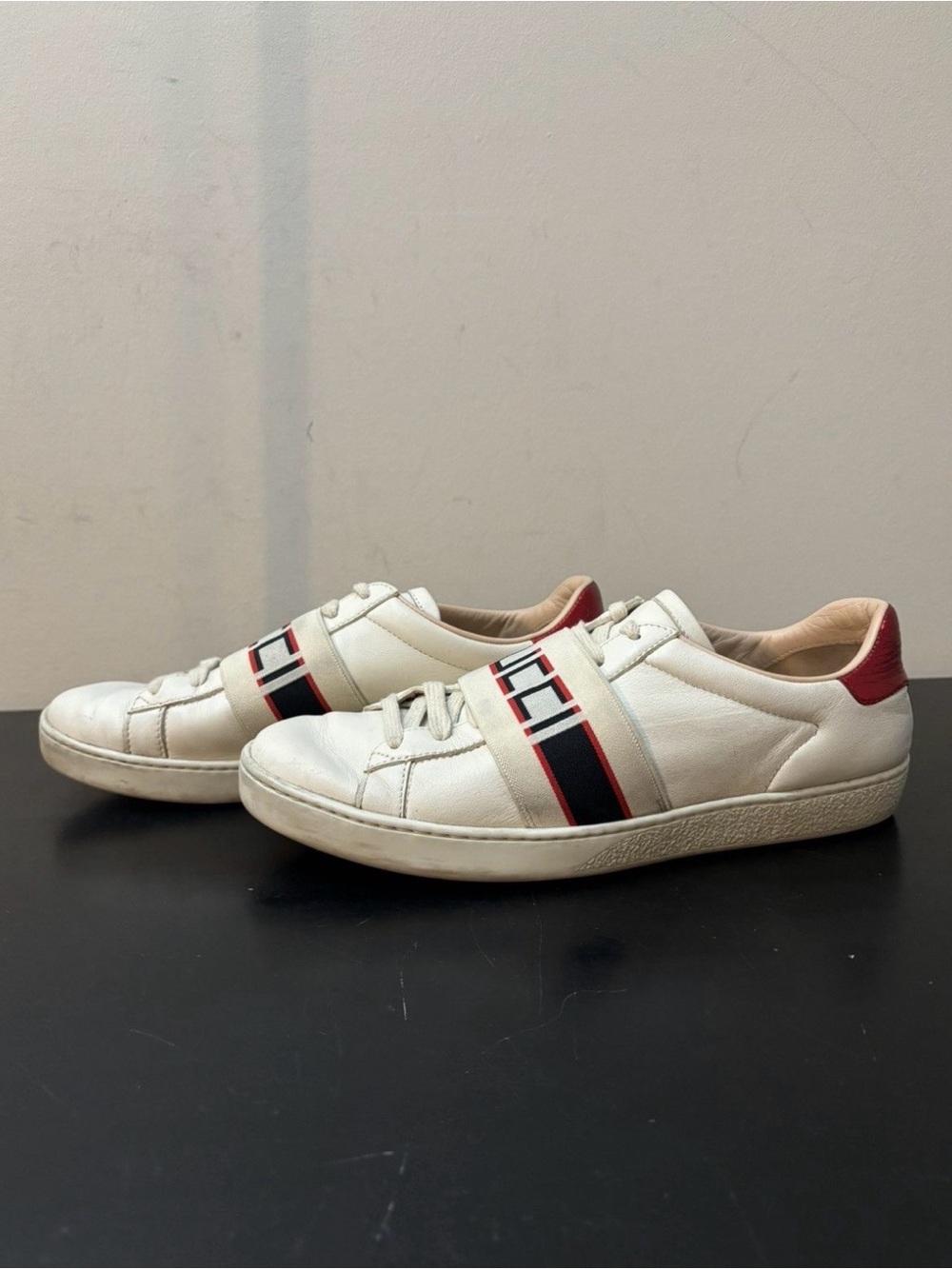 Gucci Ace Logo Band Stripe Leather Sneakers White Red